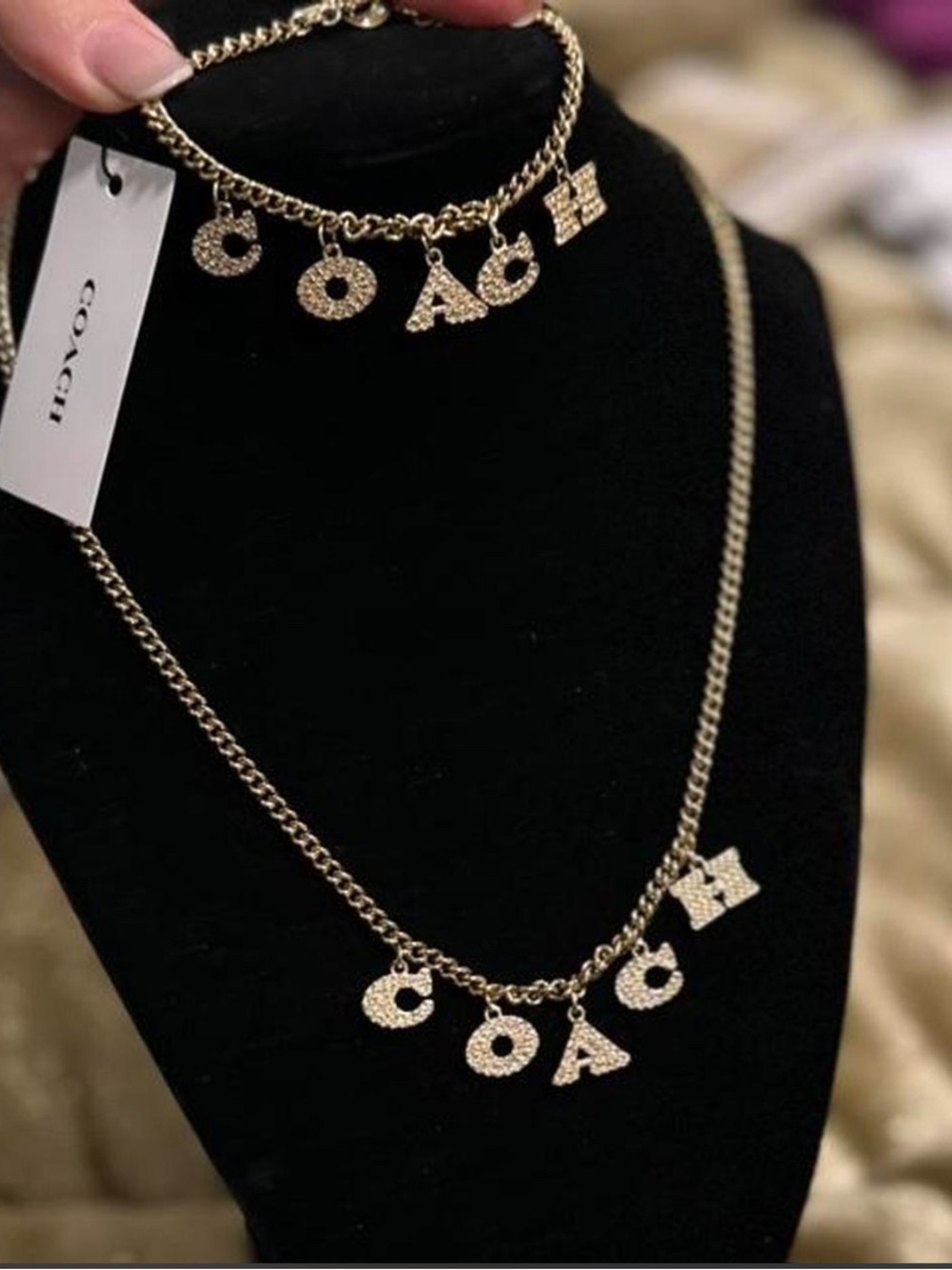 NWT! COACH Gold/Pearl Pave Charm Necklace and Bracelet Set - Picture 2 of 5